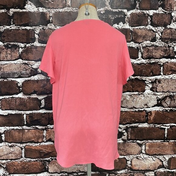 Ann Taylor Blouse V-Neck Synched Shoulders Bubble Gum Pink Size Large L - Picture 9 of 16